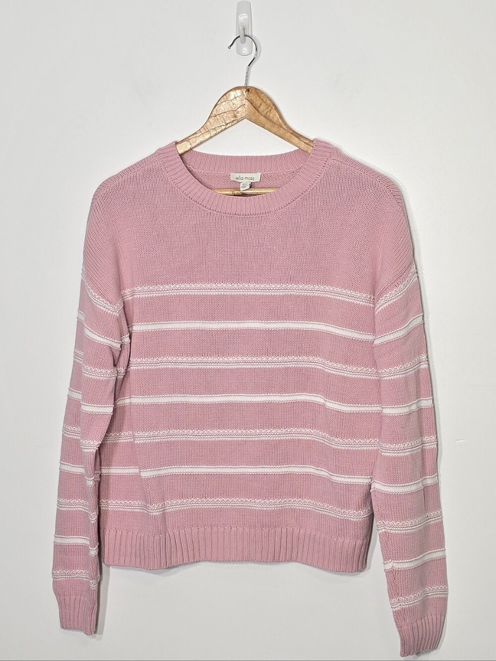Ella Moss Pink Knitted White Striped Long Sleeves Cotton Sweater Size Medium